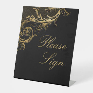 Black Gold Floral Damask Reclamebord Met Voetstuk