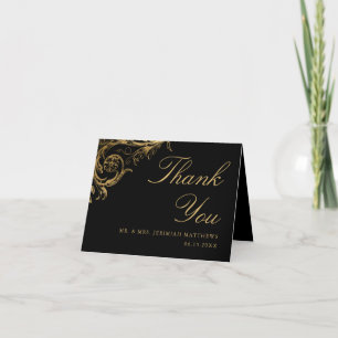  Black Gold Floral Damask Script Weduwschap Bedankkaart