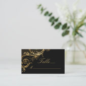  Black Gold Floral Damask Script Weduwschap Plaatskaartje (Staand voorkant)