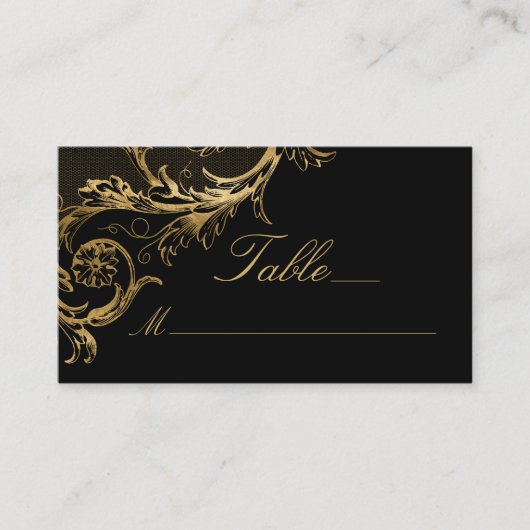  Black Gold Floral Damask Script Weduwschap Plaatskaartje (Voorkant)