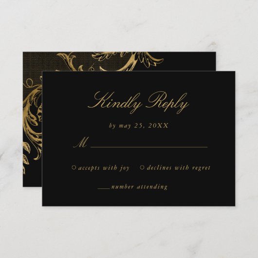  Black Gold Floral Damask Script Weduwschap RSVP Kaartje (Voorkant / Achterkant)