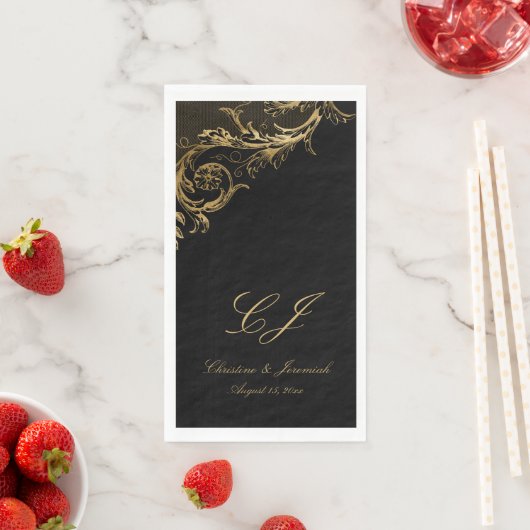 Black Gold Floral Damask Script Weduwschap Servet (Insitu)