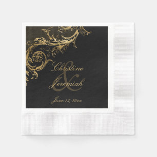 Black Gold Floral Damask Script Weduwschap Servet