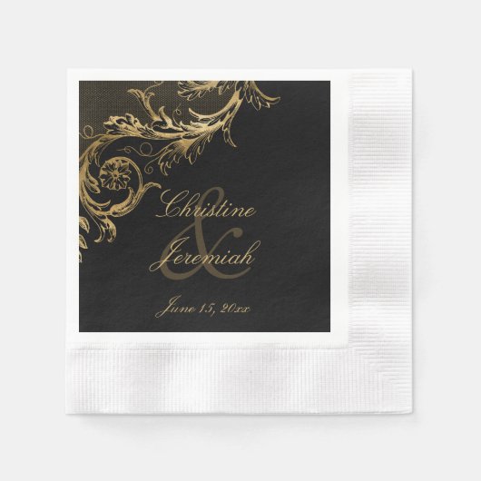 Black Gold Floral Damask Script Weduwschap Servet (Voorkant)