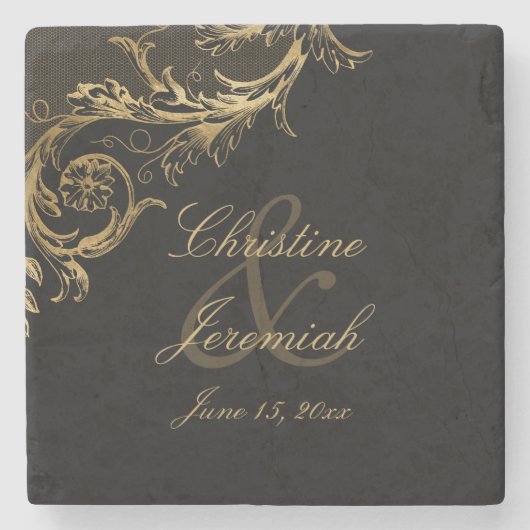  Black Gold Floral Damask Script Weduwschap Stenen Onderzetter (Voorkant)