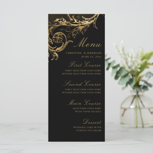  Black Gold Floral Damask Wedding Menu (Staand voorkant)