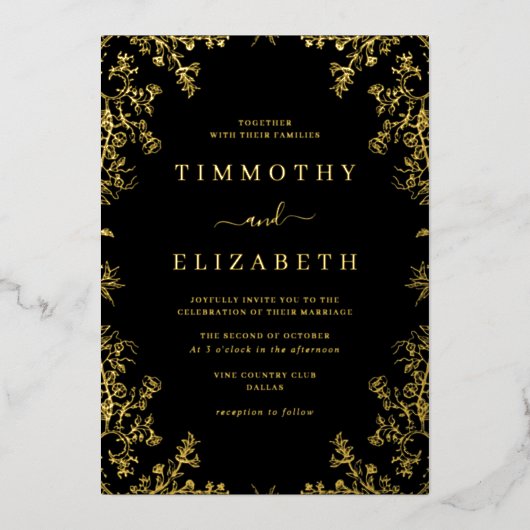 Black Gold Floral Élégant Mariage Foil Invitation (Recto)