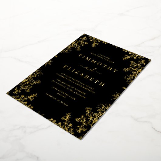 Black Gold Floral Élégant Mariage Foil Invitation (Rotation)