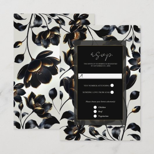Black & Gold Floral Greige Elégant Mariage RSVP (Devant / Derrière)