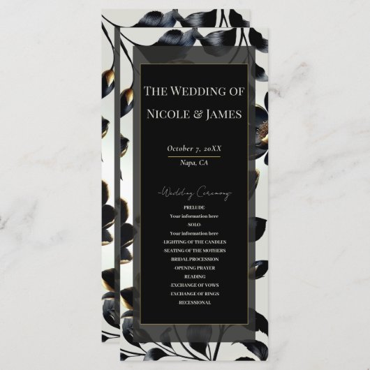 Black & Gold Floral Greige Wedding Programme (Devant / Derrière)