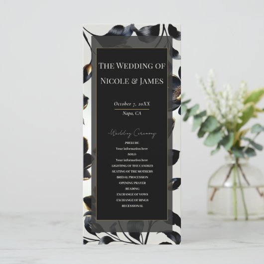 Black & Gold Floral Greige Wedding Programme (Debout devant)