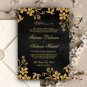Black Gold Floral Islamic Muslim Wedding Kaart