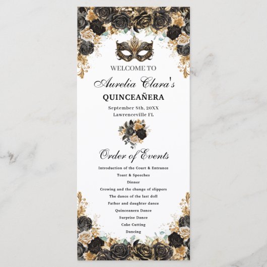 Black Gold Floral Masquerade Mask Quinceañera Programma (Voorkant)