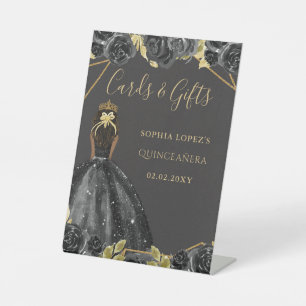 Black Gold Floral Princess Quinceanera Reclamebord Met Voetstuk