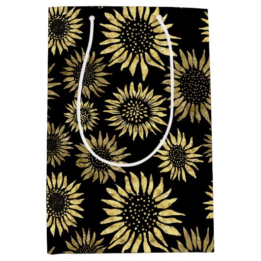 Black Gold Floral Sunflower Medium Cadeauzakje (Voorkant)