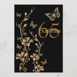 Black, Gold Flowers & Butterflies 65th Invitation Kaart