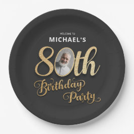 Black Gold Foil Custom Photo 80th Birthday  Papieren Bordje