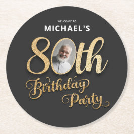 Black Gold Foil Custom Photo 80th Birthday  Ronde Kartonnen Onderzetter