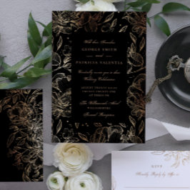 Black Gold Foil Flowers Hand Drawn Elegant Wedding Kaart
