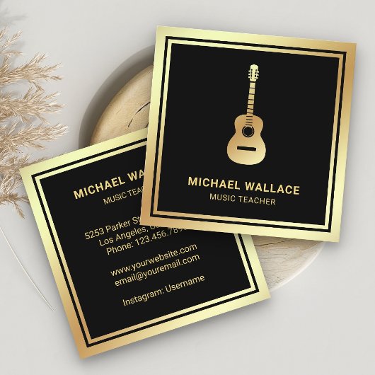 Black Gold Foil Guitar Music Teacher Guitarist Vierkante Visitekaartje