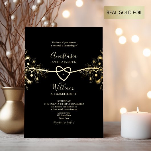 Black Gold Foil Rope Coeur de mariage Invitation