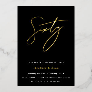 Black & Gold Foil Script 60th Birthday Party Folie Uitnodiging