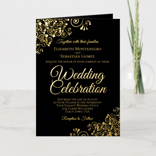 Black & Gold Foil Wedding Invite Program Combo Folie Wenskaart (Voorkant)