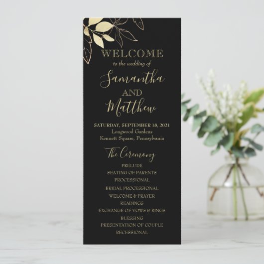 Black & Gold Foliage Programme de mariage botaniqu (Debout devant)