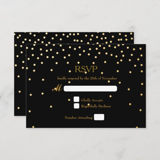Black & Gold Folie Confetti Stippen bruiloft RSVP (Voorkant / Achterkant)