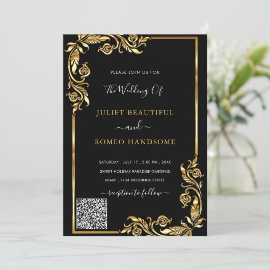 Black Gold Framed Wedding-uitnodiging met QR-code (Staand voorkant)