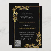Black Gold Framed Wedding-uitnodiging met QR-code (Voorkant / Achterkant)