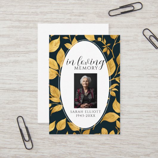 Black & Gold Funeral Memorial Prayer Photo Card Visitekaartje (Voorkant / Achterkant in situ)