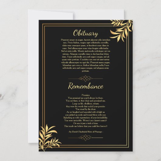 Black & Gold Funeral Program Kaart (Achterkant)