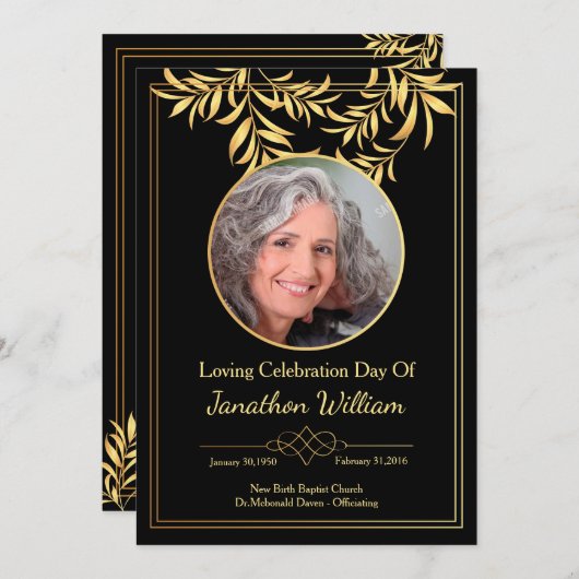 Black & Gold Funeral Program Kaart (Voorkant / Achterkant)