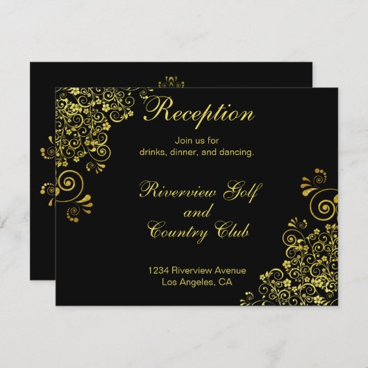 Black Gold Fwirls Mariage Réception Invitation (Devant / Derrière)