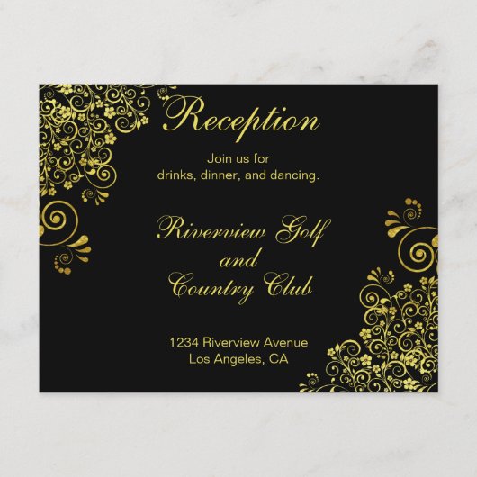 Black Gold Fwirls Mariage Réception Invitation (Devant)