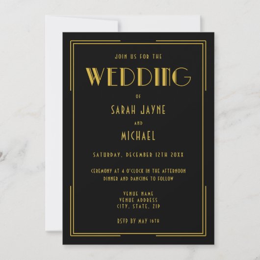 Black Gold Gatsby Déco Style Mariage Invitations (Devant)