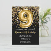 Black Gold Girl 9th Birthday Party Invitation (Debout devant)