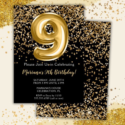 Black Gold Girl 9th Birthday Party Invitation