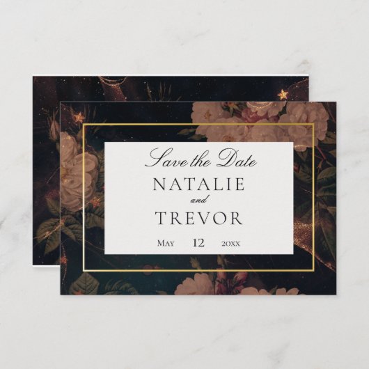 Black & Gold  Glam Floral Save Date Kaart (Voorkant / Achterkant)