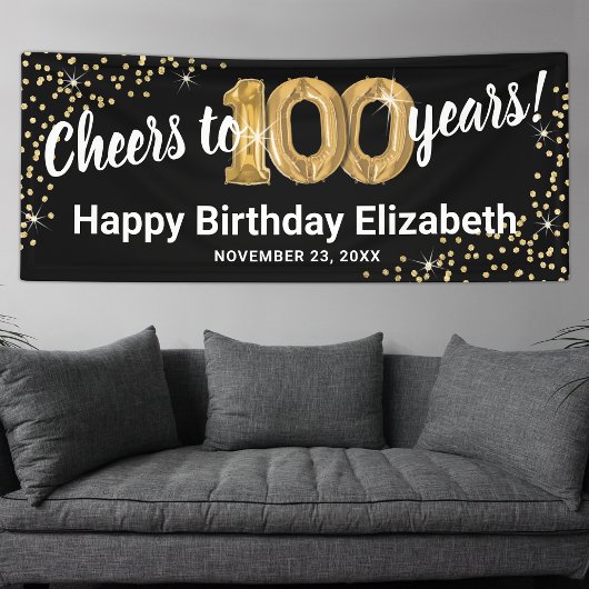 Black Gold Glitter 100th Birthday Spandoek