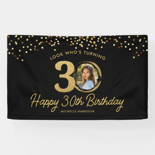 Black Gold Glitter 30e verjaardagsfeest Uw foto Spandoek (Horizontaal)