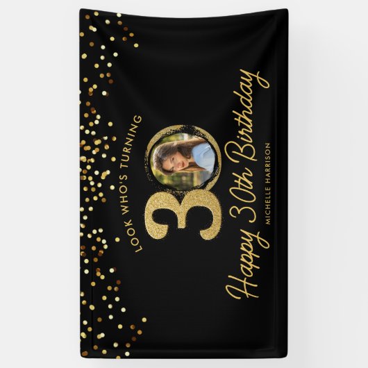 Black Gold Glitter 30e verjaardagsfeest Uw foto Spandoek (Verticaal)