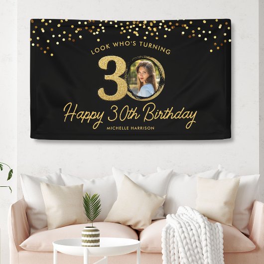 Black Gold Glitter 30e verjaardagsfeest Uw foto Spandoek