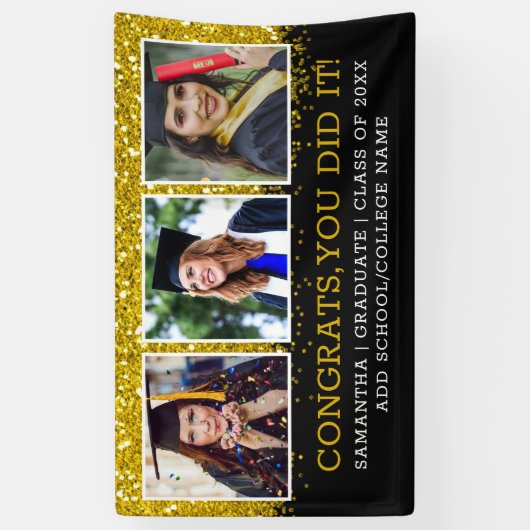 Black Gold Glitter 3 Photo Collage Congring Afstud Spandoek (Verticaal)