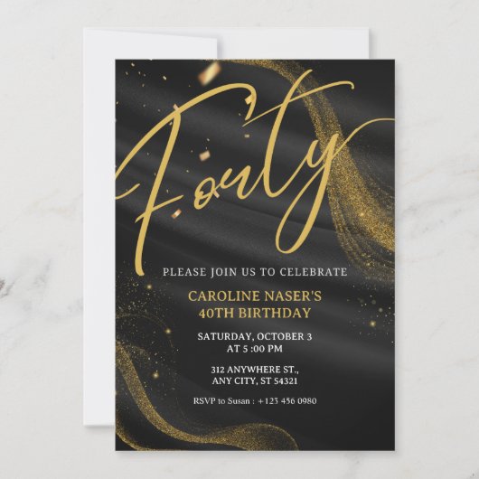 Black & Gold Glitter 40th Birthday Invitation   (Devant)
