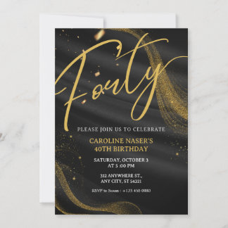Black & Gold Glitter 40th Birthday Invitation   Kaart