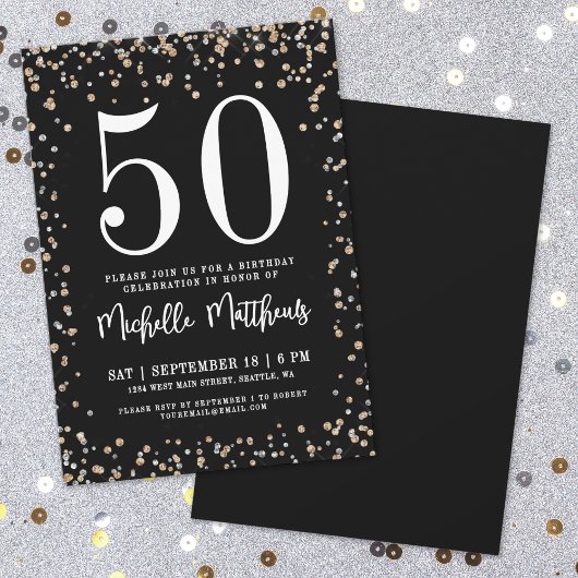Black Gold Glitter 50th Birthday Party Kaart