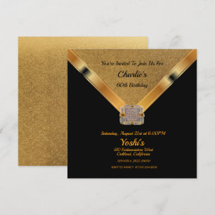 Black, Gold Glitter 60th Birthday Party Invitation Kaart