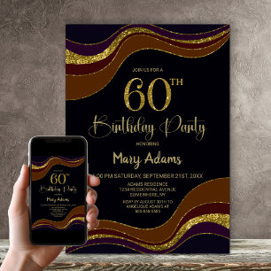 Black Gold Glitter 60th Birthday Party Kaart